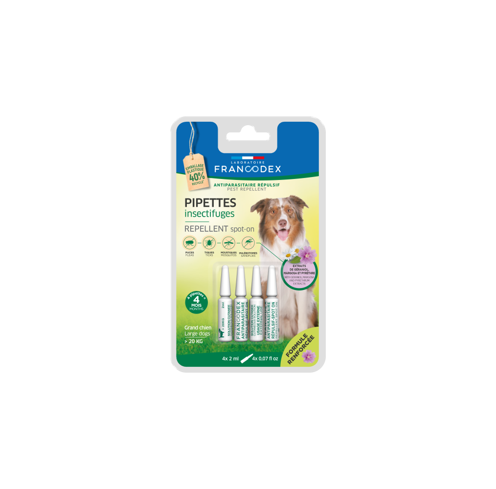 Pipettes Insectifuges – Chiens de plus de 20 kg | Naturelles | 4 x 2 ml